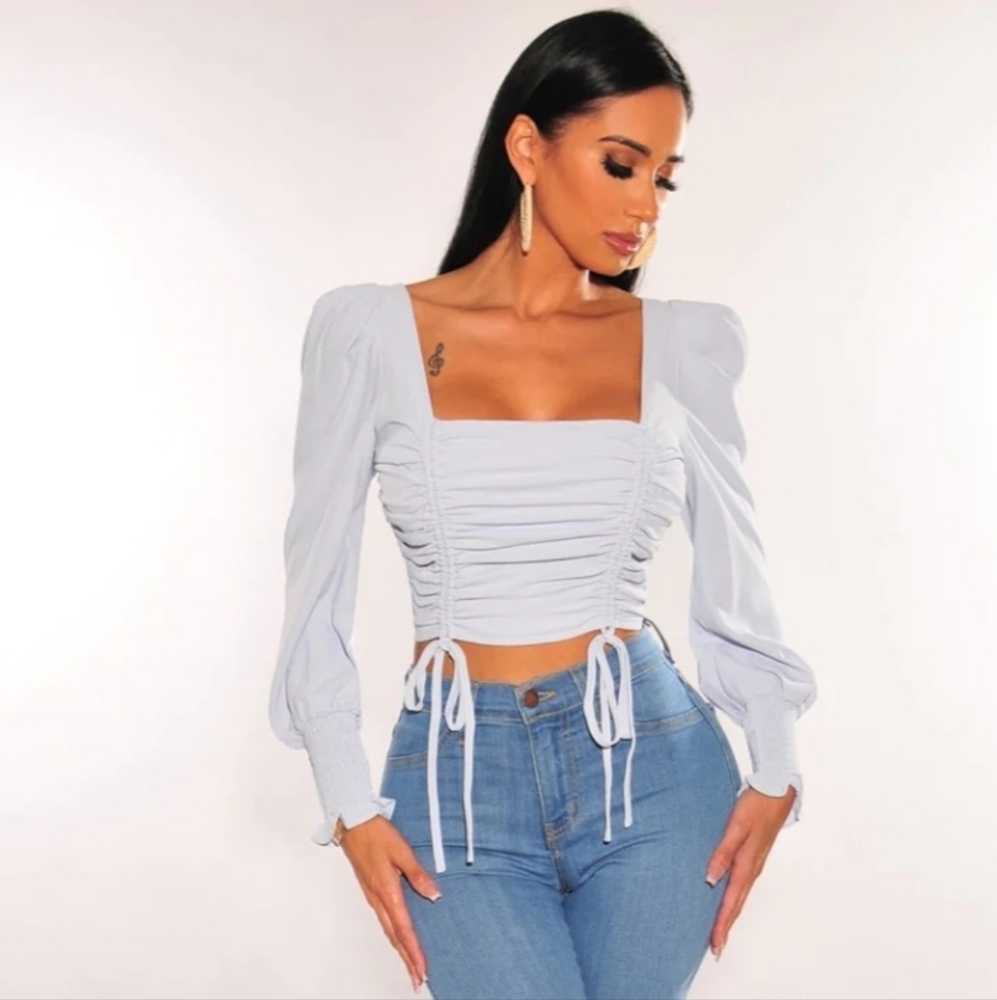 ICED BLUE SQUARED NECK DRAWSTRING TIE UP CROP TOP